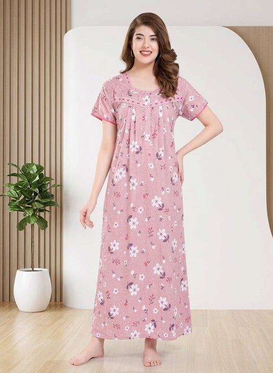 Rosewood Pink with White and Purple floral Print Cotton Nighty