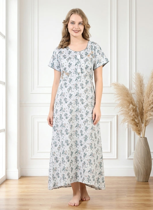 Light Grey and sage green Floral Cotton Nighty