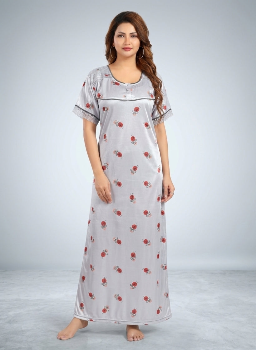 Printed Pink and Blue Floral Satin Nighty for Women