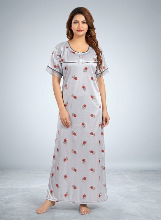 Printed Pink and Blue Floral Satin Nighty for Women