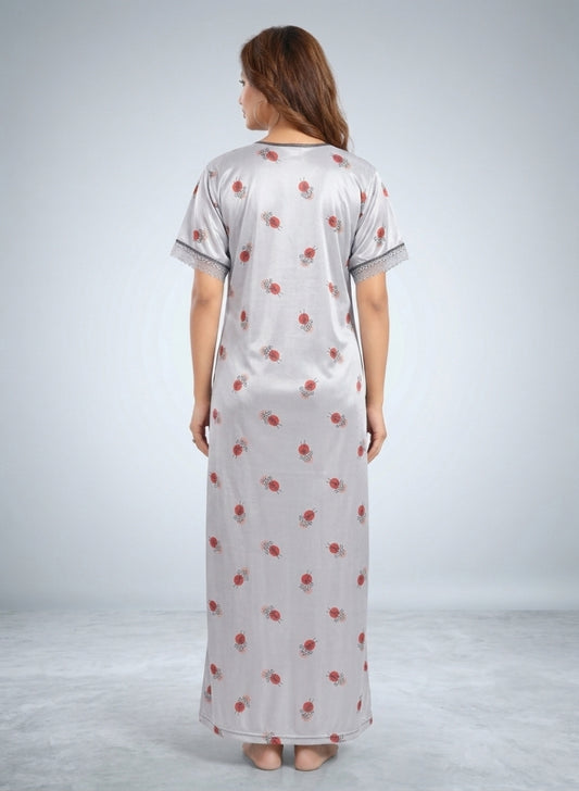 Printed Pink and Blue Floral Satin Nighty for Women