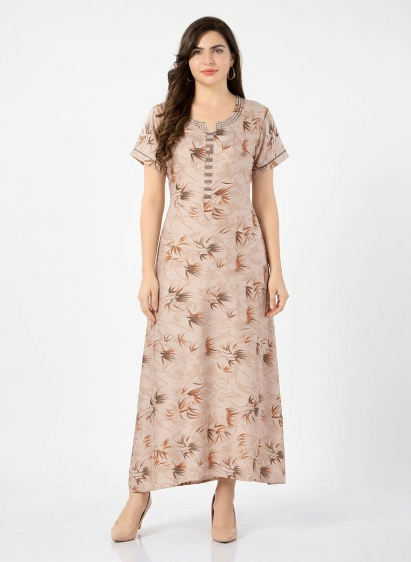 Warm Beige Base with Brown Floral Leaf Print Satin Nighty
