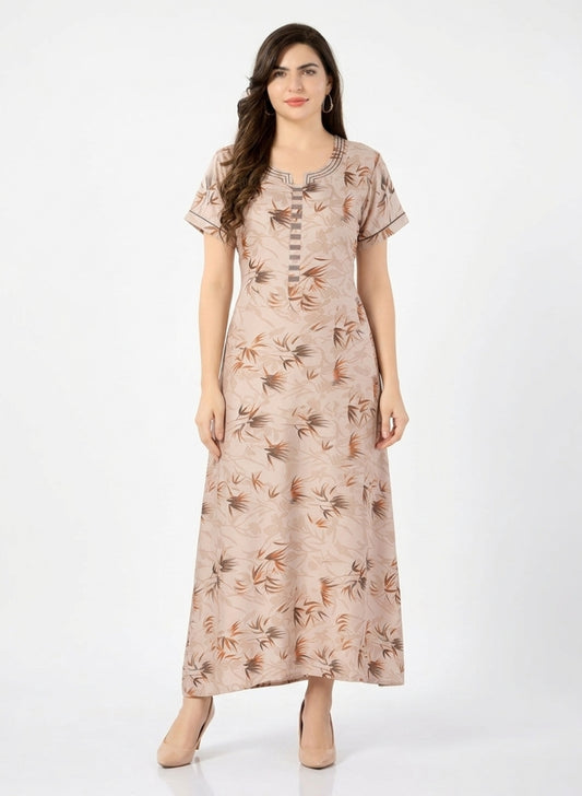 Warm Beige Base with Brown Floral Leaf Print Satin Nighty