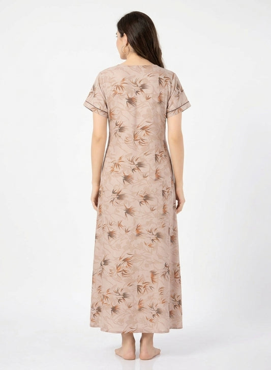 Warm Beige Base with Brown Floral Leaf Print Satin Nighty