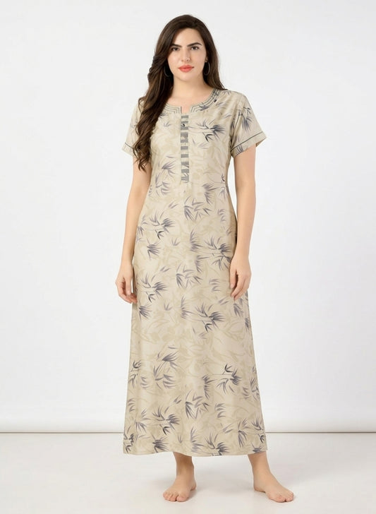 Soft Sand Beige Leaf Print Satin Nighty