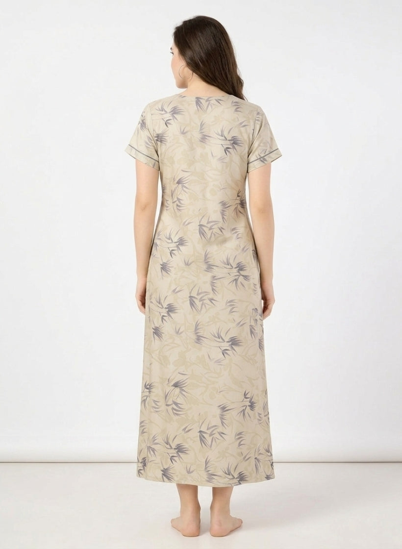 Soft Sand Beige Leaf Print Satin Nighty
