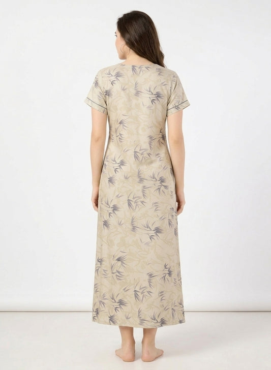 Soft Sand Beige Leaf Print Satin Nighty