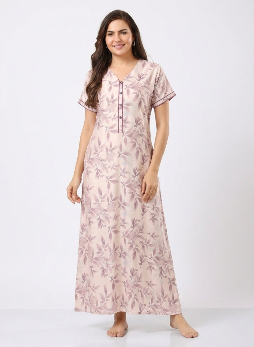 Soft Blush Pink with Dusty Mauve Botanical Leaf Print Satin Nighty
