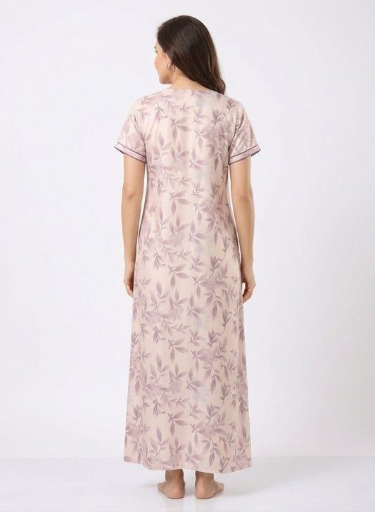 Soft Blush Pink with Dusty Mauve Botanical Leaf Print Satin Nighty