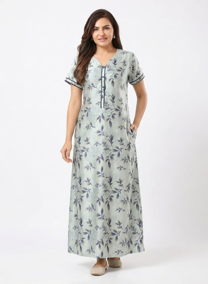 Printed Soft Sage Green Satin Nighty
