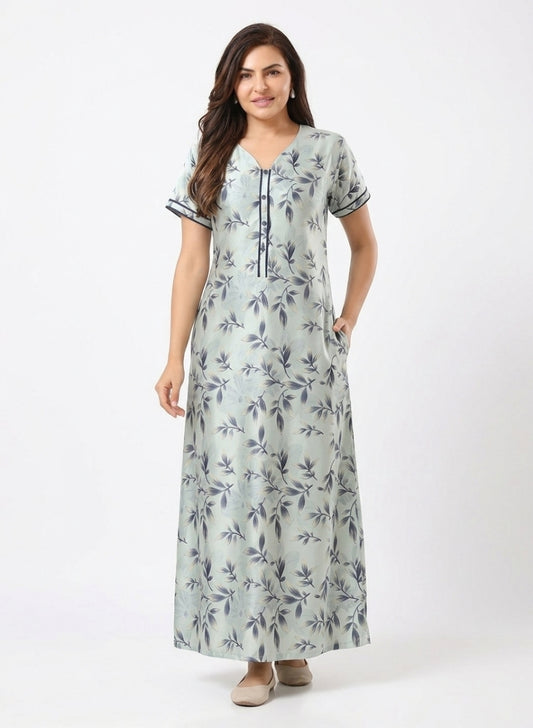 Printed Soft Sage Green Satin Nighty