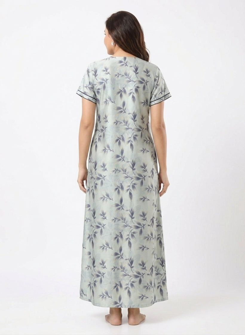 Printed Soft Sage Green Satin Nighty
