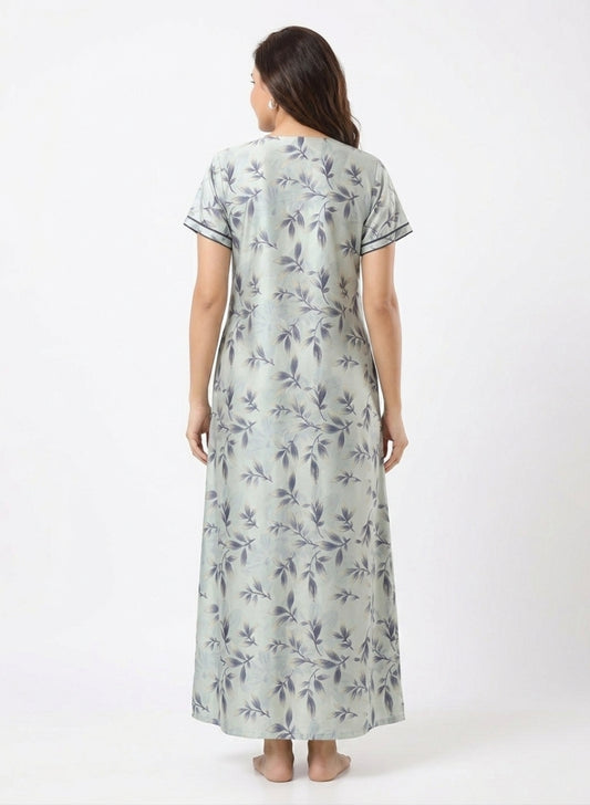 Printed Soft Sage Green Satin Nighty