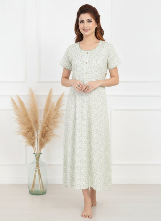 Printed  Sage green Cotton Nighty