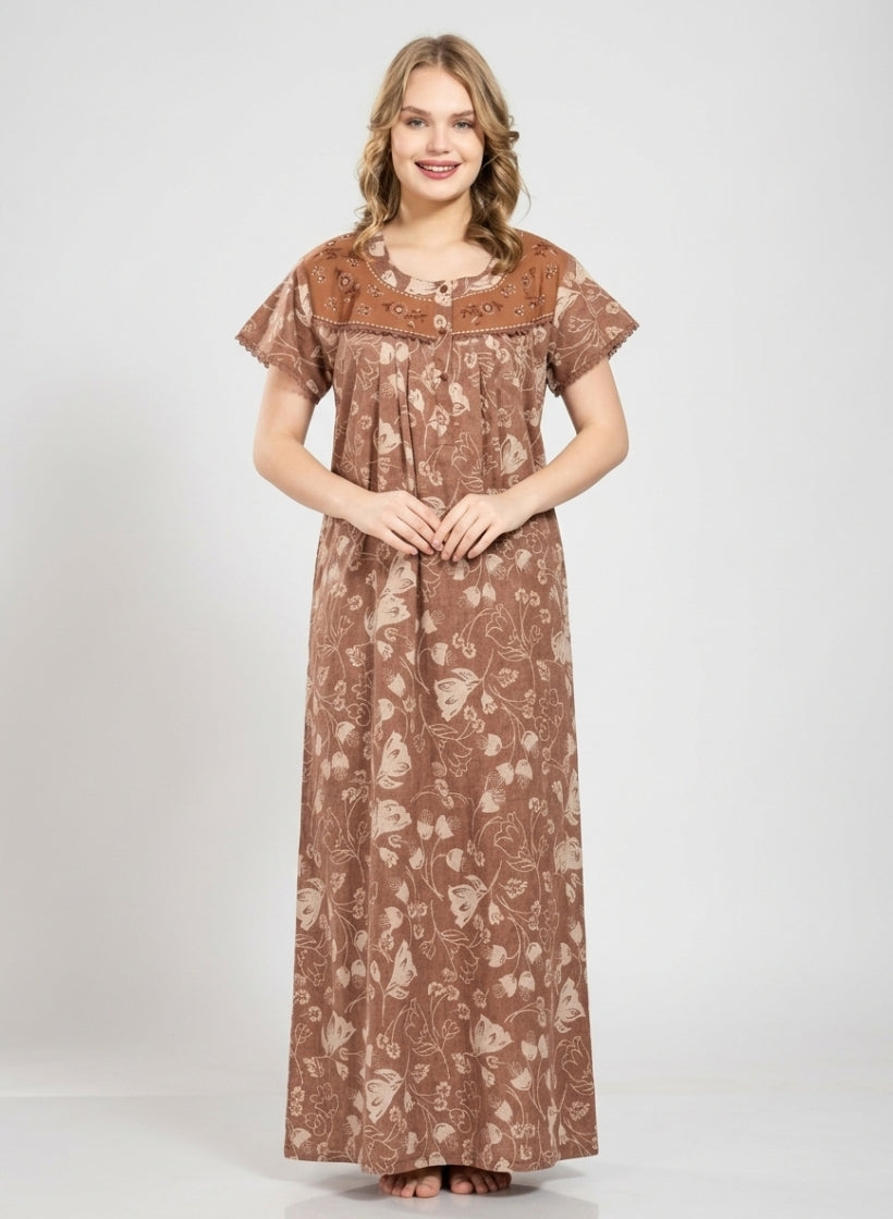 Cocoa Brown with Cream floral Cotton Nighty