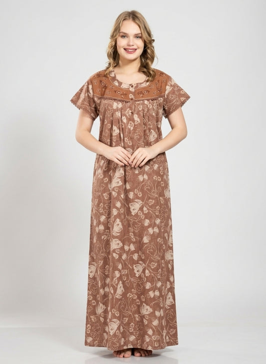 Cocoa Brown with Cream floral Cotton Nighty