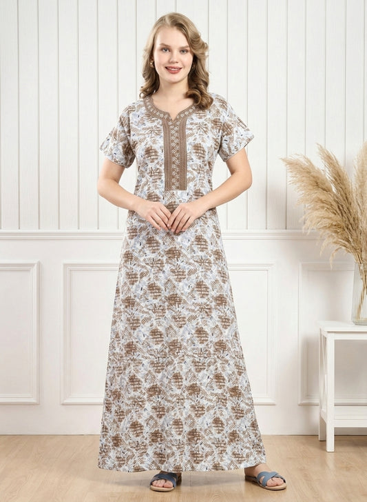 Brown Embroidery Cotton Nighty