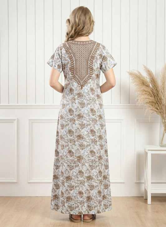 Brown Embroidery Cotton Nighty