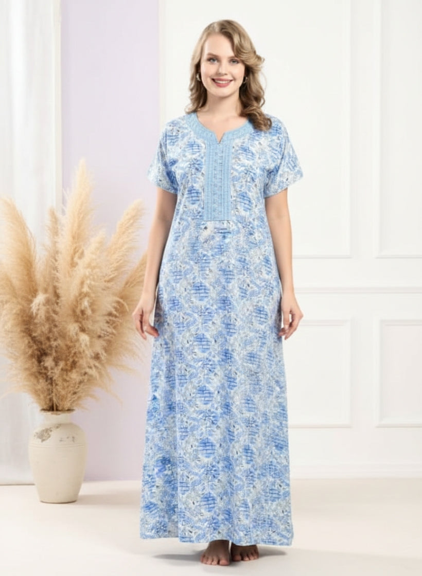 Light Blue Embroidery Cotton Nighty