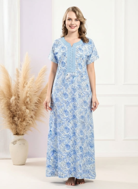 Light Blue Embroidery Cotton Nighty