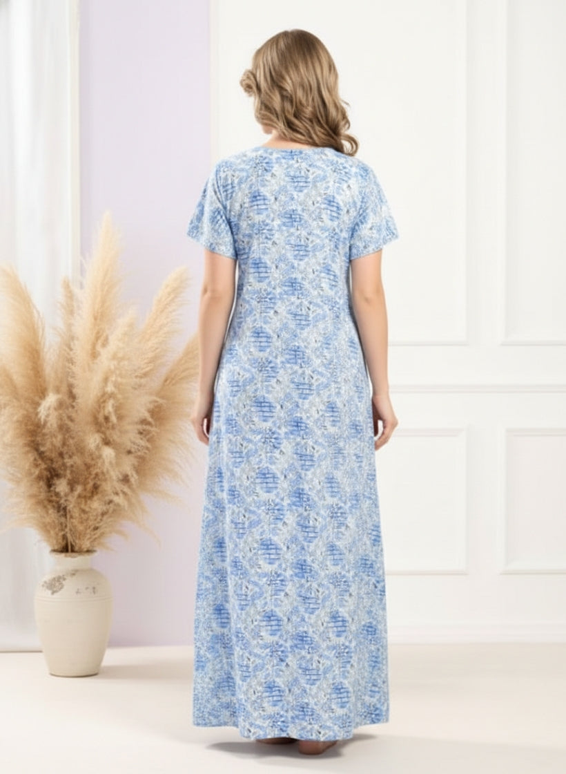 Light Blue Embroidery Cotton Nighty