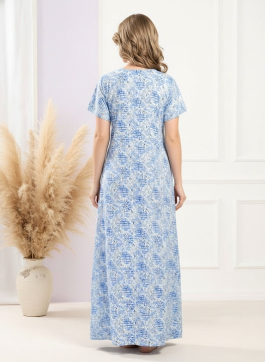 Light Blue Embroidery Cotton Nighty