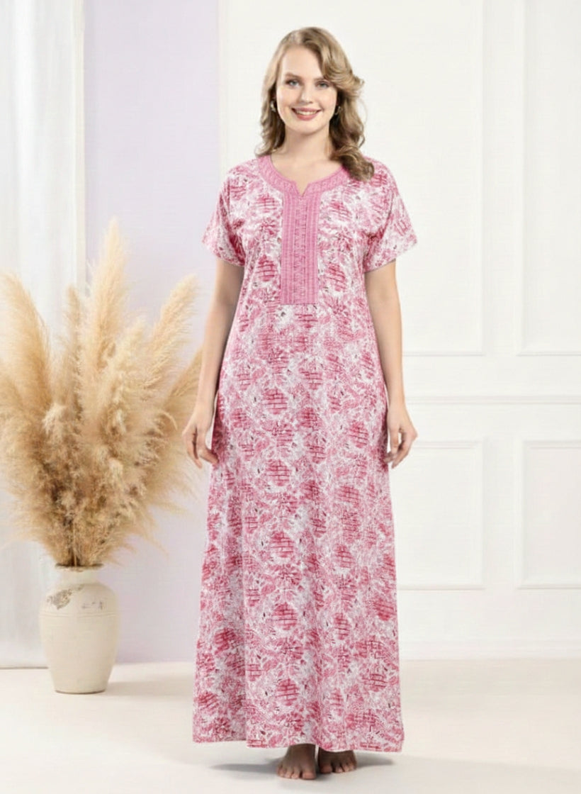 Pink Embroidery Cotton Nighty