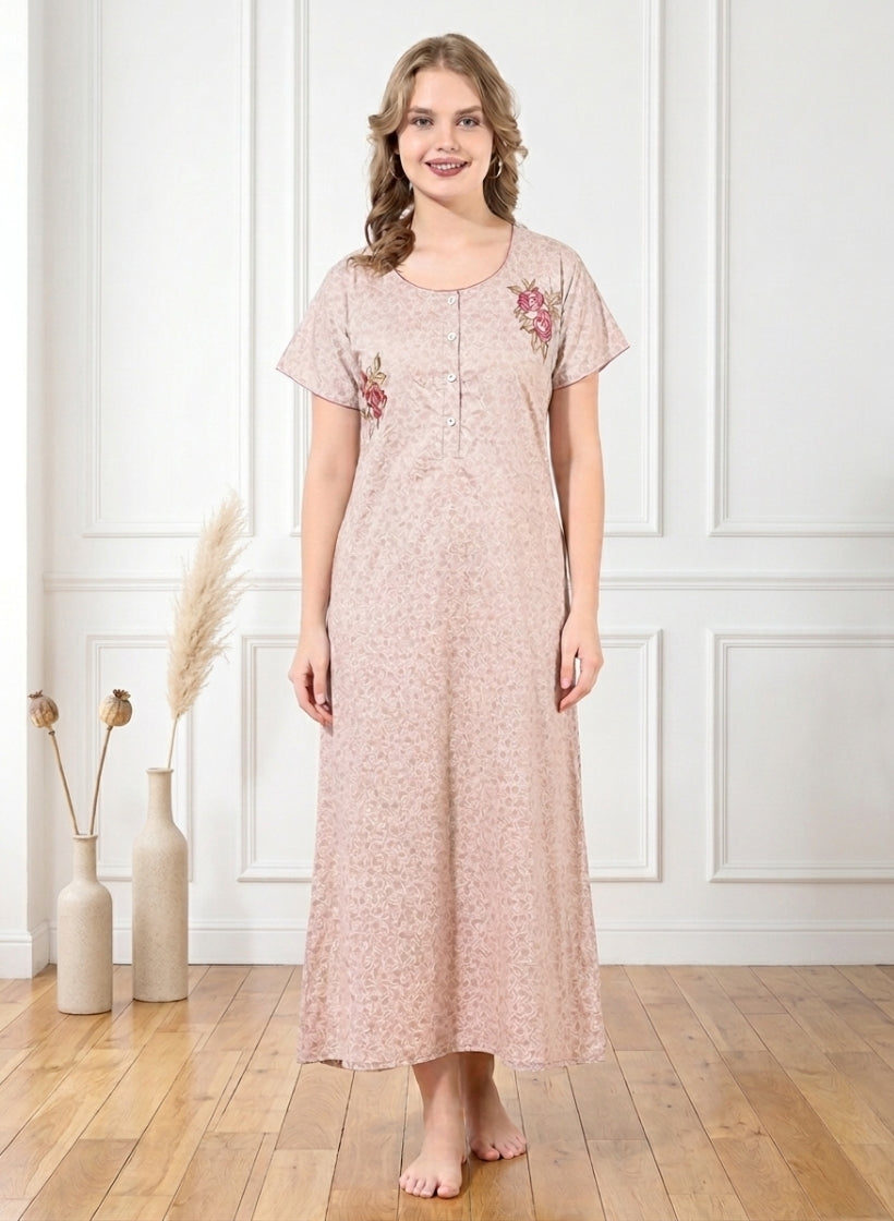 Dusty Rose Leaf Print Cotton Nighty