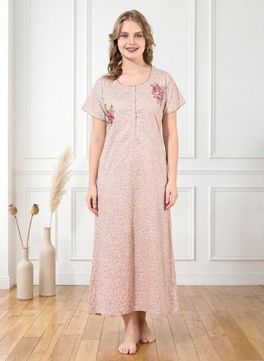 Dusty Rose Leaf Print Cotton Nighty