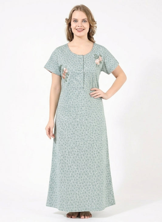 Seafoam Green Floral Embroidery Cotton Nighty