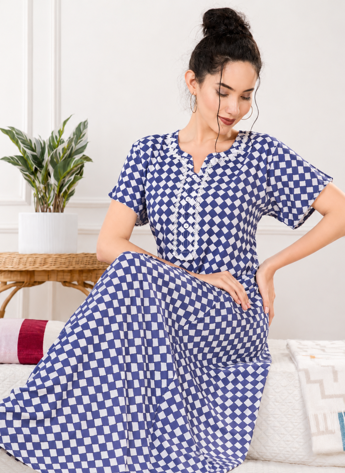 Midnight blue checker print rayon nighty with lace trim placket