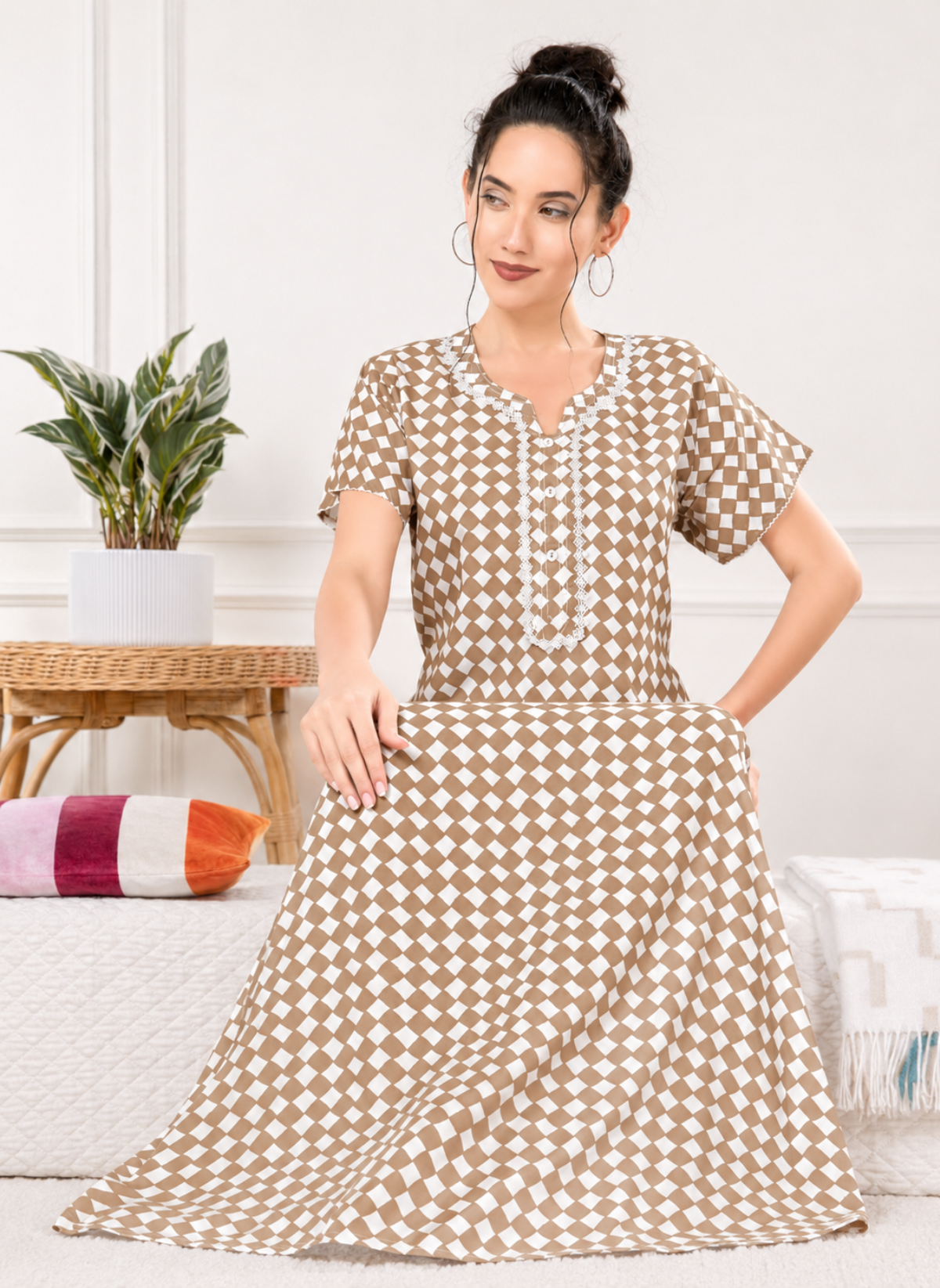 Camel beige checker print rayon nighty with lace trim placket