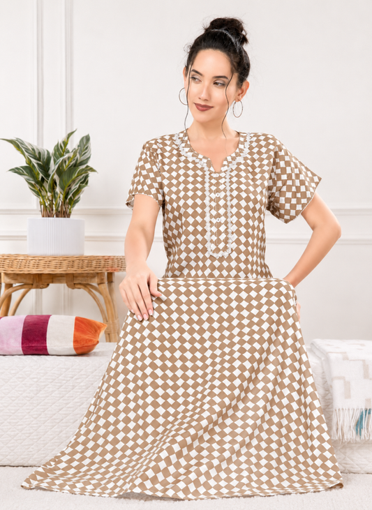 Camel beige checker print rayon nighty with lace trim placket
