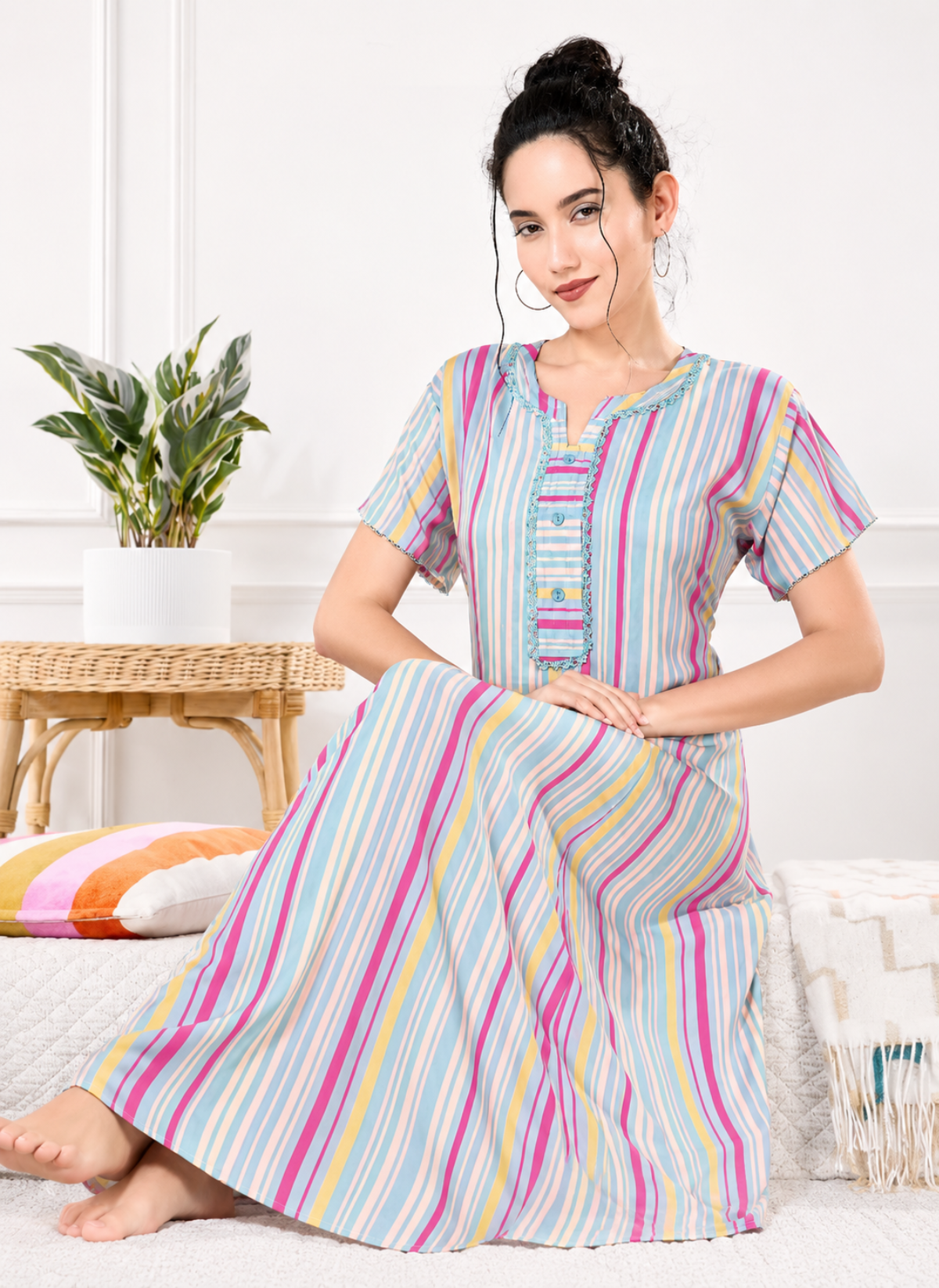 Pastel multi stripe print rayon nighty with scalloped lace neckline