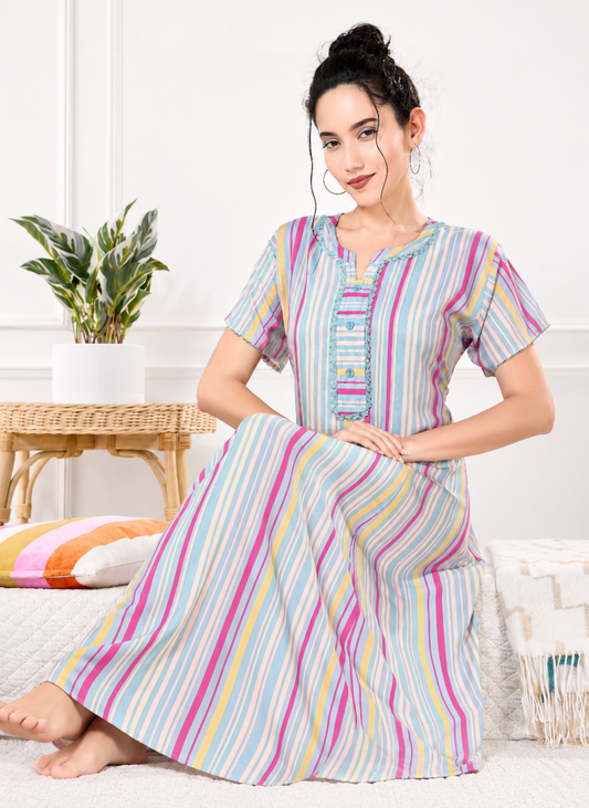 Pastel multi stripe print rayon nighty with scalloped lace neckline