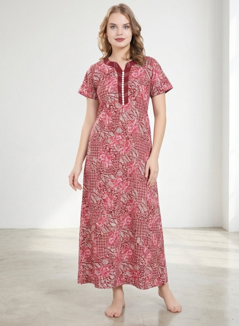 Maroon and Rosy Pink Floral  Cotton Nighty