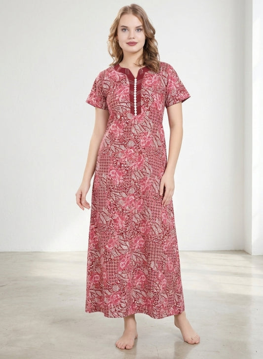 Maroon and Rosy Pink Floral  Cotton Nighty