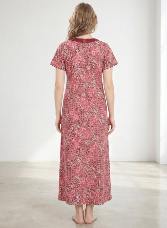 Maroon and Rosy Pink Floral  Cotton Nighty