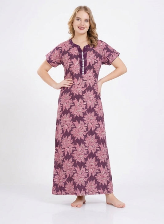 Deep Plum with Dusty Rose Floral Cotton Nighty