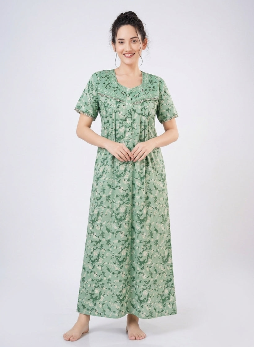 Pistachio Green with Cream ditsy floral Cotton Nighty