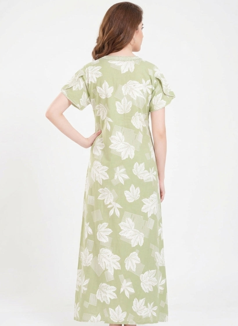 Pistachio Green with White Leaf Print Cotton Nighty