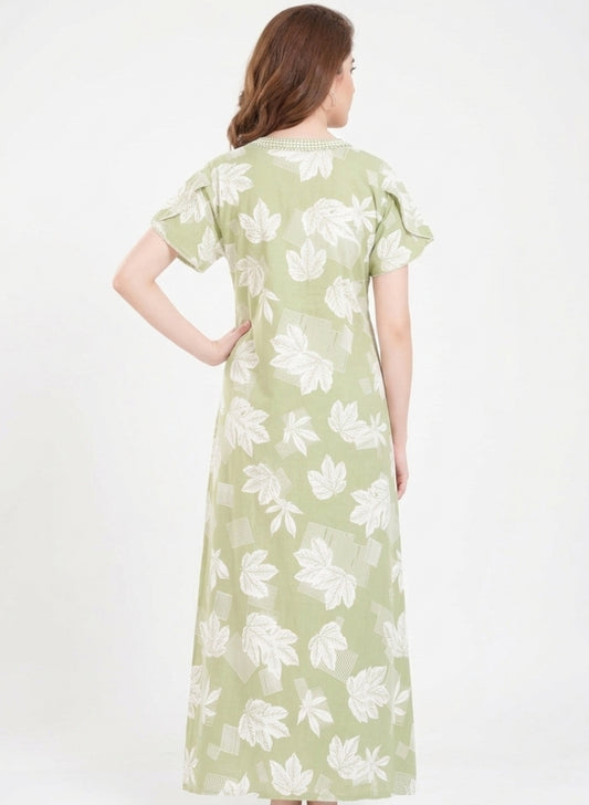 Pistachio Green with White Leaf Print Cotton Nighty