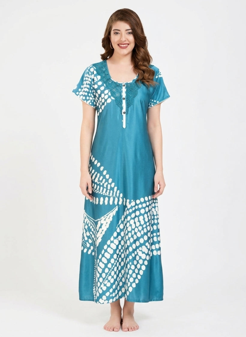 Teal Blue with Ivory Abstract Dot Wave Print Satin Nighty