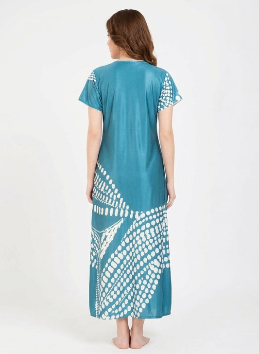 Teal Blue with Ivory Abstract Dot Wave Print Satin Nighty
