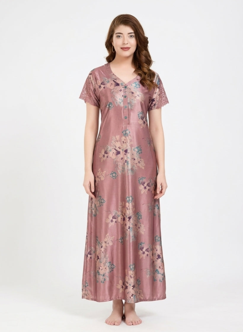 Dusty Rose Pink  Floral Satin Nighty
