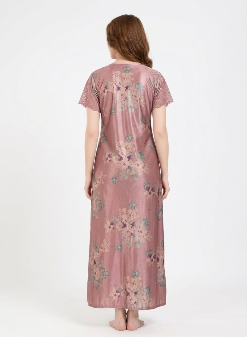 Dusty Rose Pink  Floral Satin Nighty
