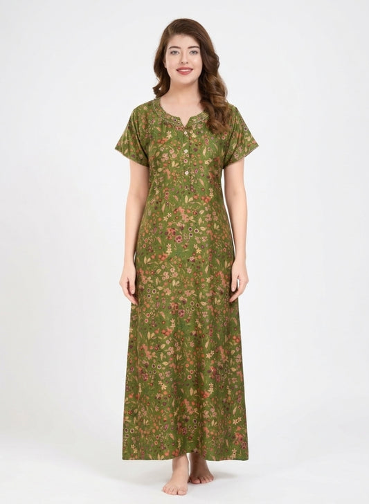 Olive Green with Multicolor Vintage Floral Print Satin Nighty
