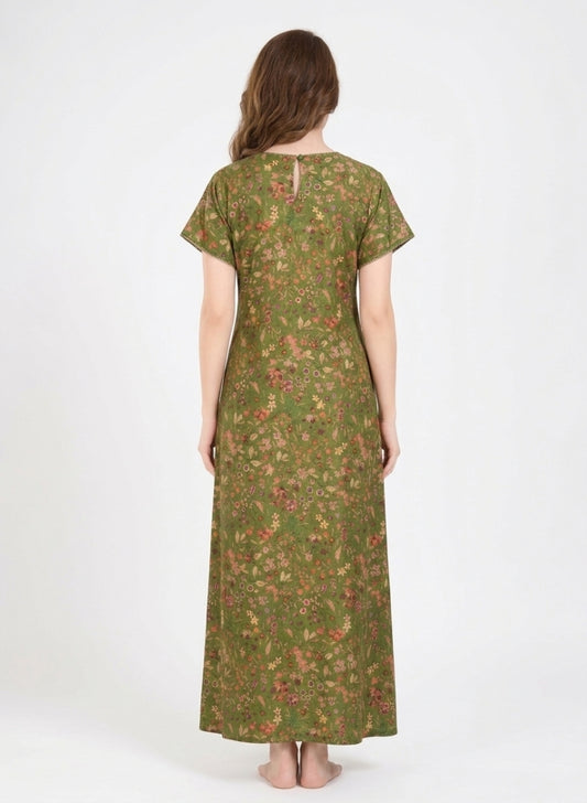 Olive Green with Multicolor Vintage Floral Print Satin Nighty