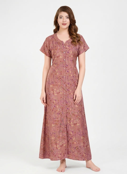 Dusty Rose Pink with Multicolor Vintage Floral Print Satin Nighty