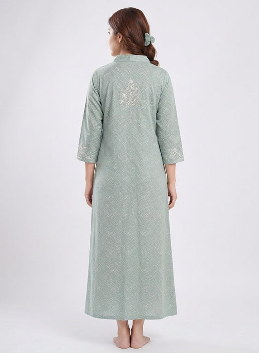 Seafoam Green with White Micro-Pattern Cotton Nighty
